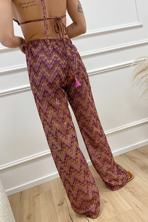 Haveone - Pantaloni in lurex viola, cioccolato e oro