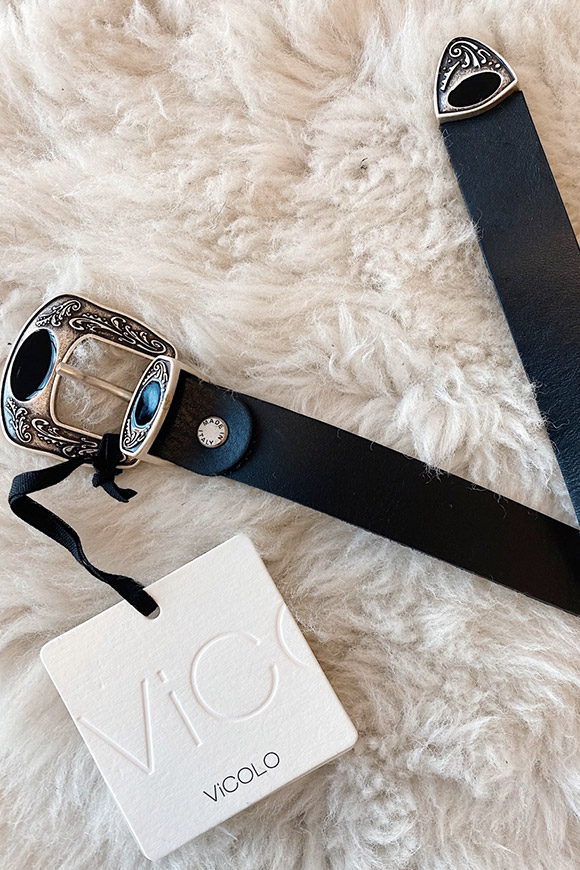 Vicolo - Cintura nera con fibbia texana argento