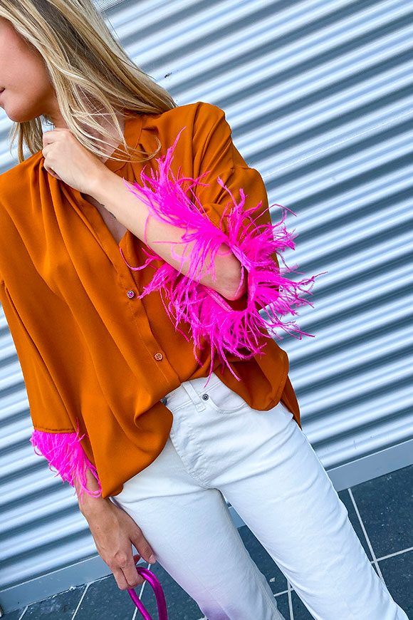 Dixie - Mustard blouse with fuchsia feathers