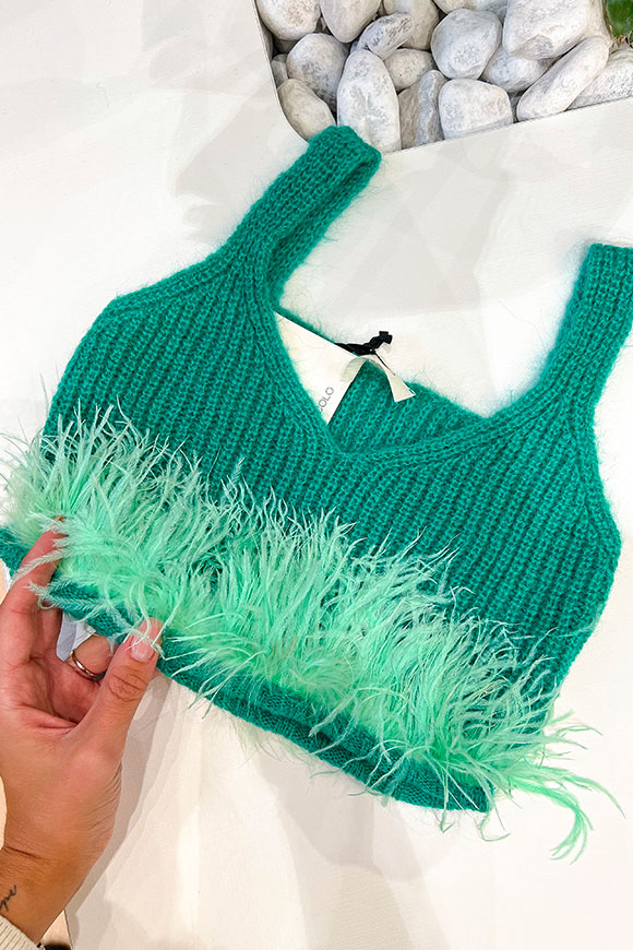 Vicolo - Emerald green ribbed crop top with feathers