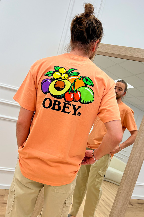 Obey - T shirt salmone stampa cesto di frutta multicolor