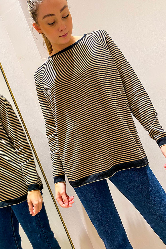 Vicolo - Black and sand micro stripe sweater with lurex edge in cashmerex