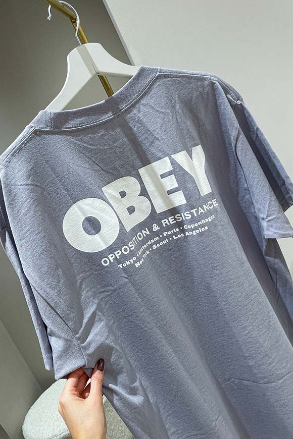 Obey - T shirt lilla con logo bianco fronte retro a contrasto