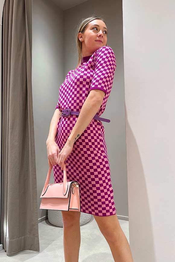 Vicolo - Purple, bubble pink checkered midi dress with belt