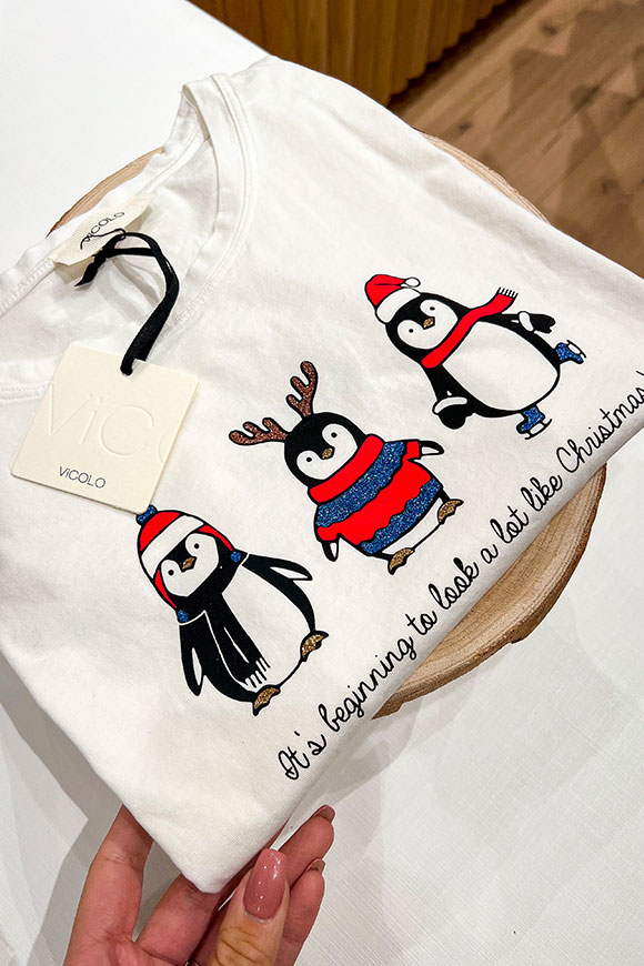 Vicolo - T shirt con tre pinguini glitter
