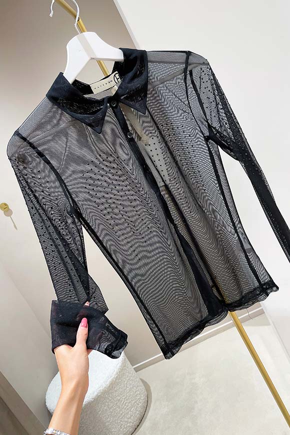 Haveone - Maglia stile camicia velata nera con strass