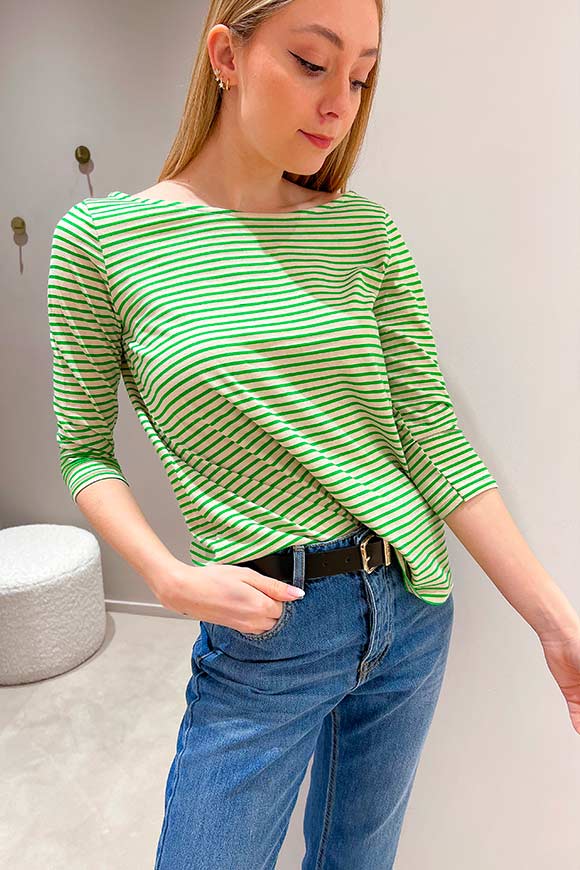 Tensione In - Green striped T-shirt with boat neckline