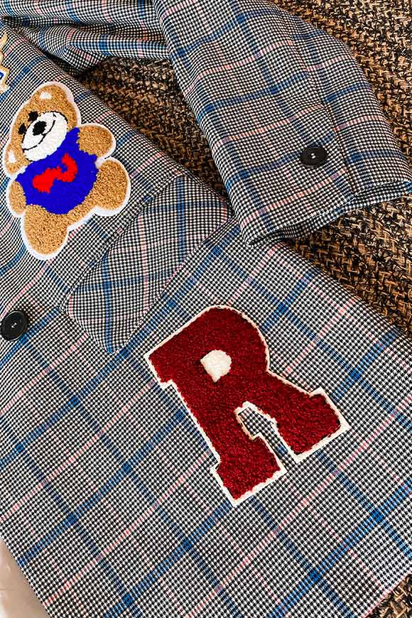 Dixie - Double-breasted houndstooth jacket with teddy bear patch