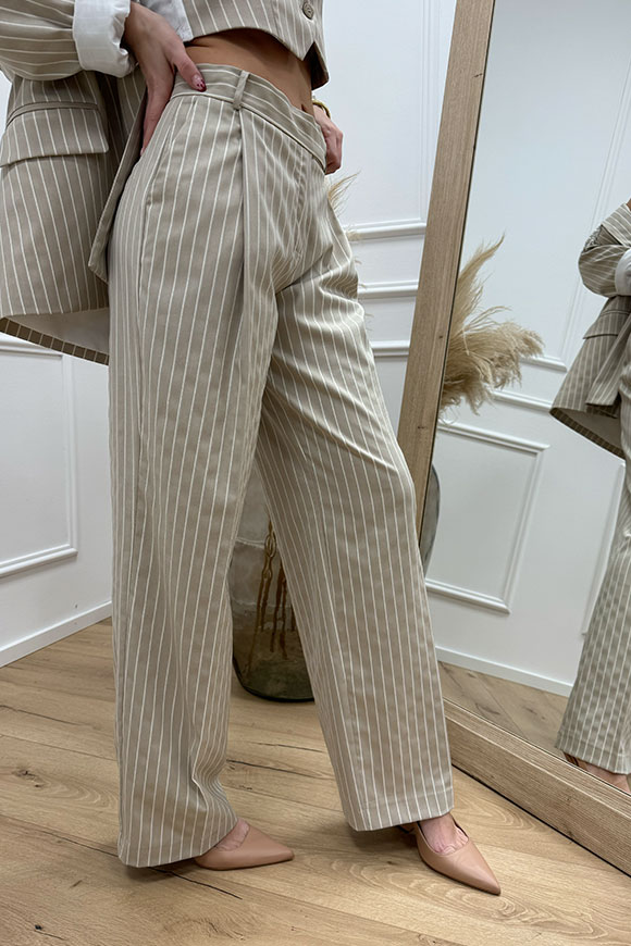 Haveone - Pantaloni beige gessati bianchi e filo lurex