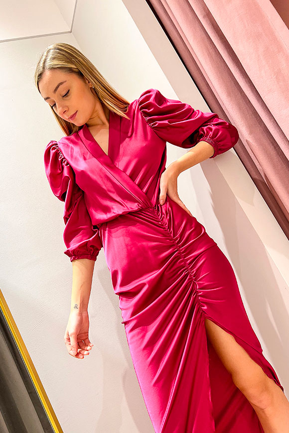 Kontatto - Long fuchsia dress with gathering and balloon sleeves