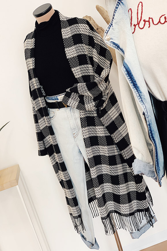 Vicolo - Black and white checked poncho coat with fringe