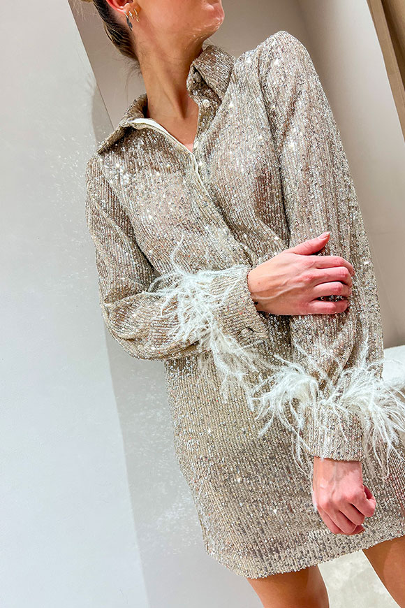 Tensione In - Champagne sequin shirt with feathers on the sleeve