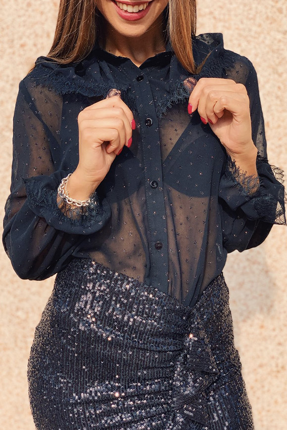 Vicolo - Camicia nera trasparente con stelle glitter