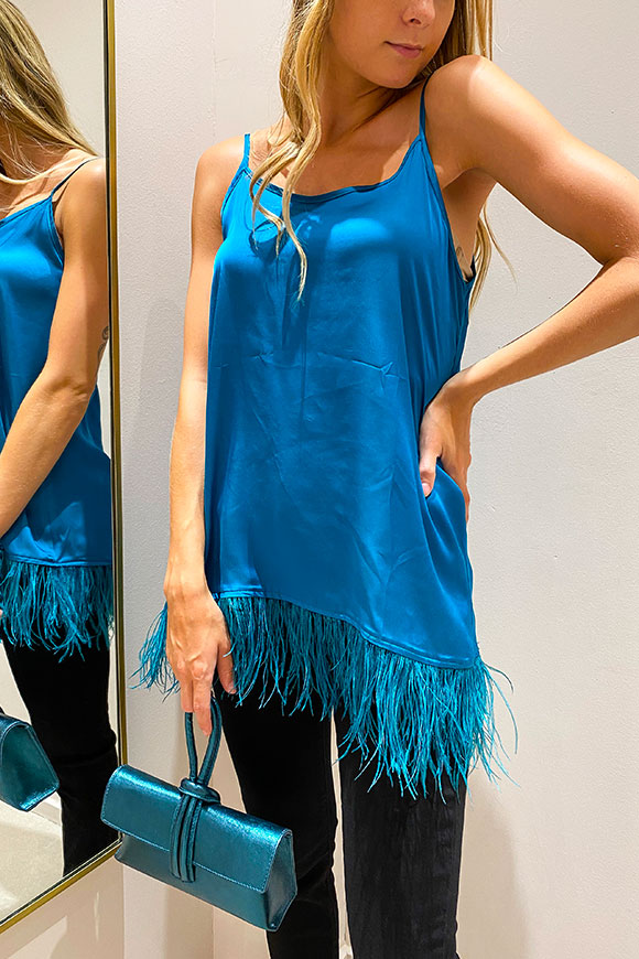 Tensione In - Teal tank top in viscose with feathers on the bottom