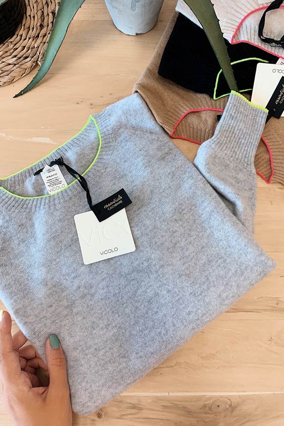 Vicolo - Gray cashmere sweater with fluo green edges