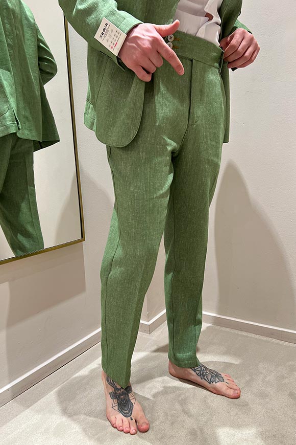 Berna - Pantalone dritto fiammato verde in misto lino