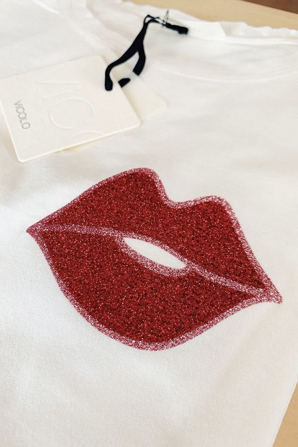 Vicolo - T shirt bianca con baci glitter rossi