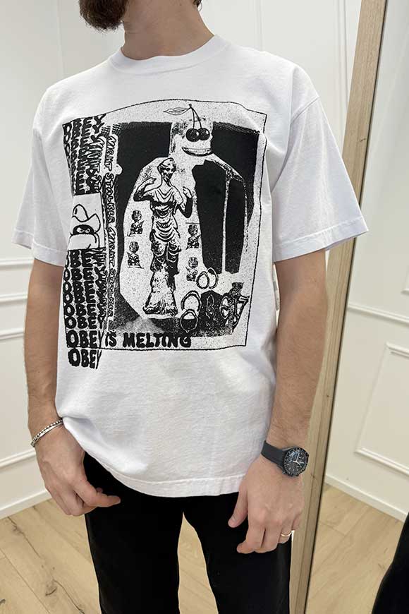 Obey - T shirt bianca stampa con logo e disegni in nero