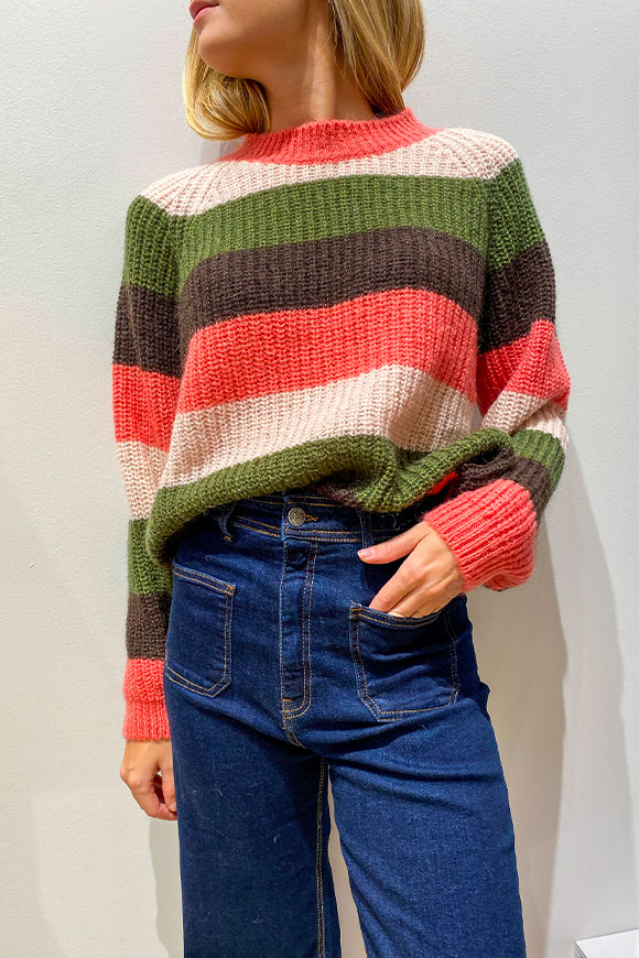Kontatto - Olive, coffee, coral and pink striped sweater