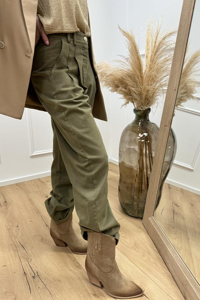 Haveone - Pantaloni militare con pinces e bottone dorato