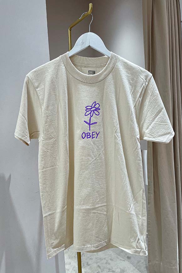 Obey - T shirt crema disegno fiore e logo in cotone