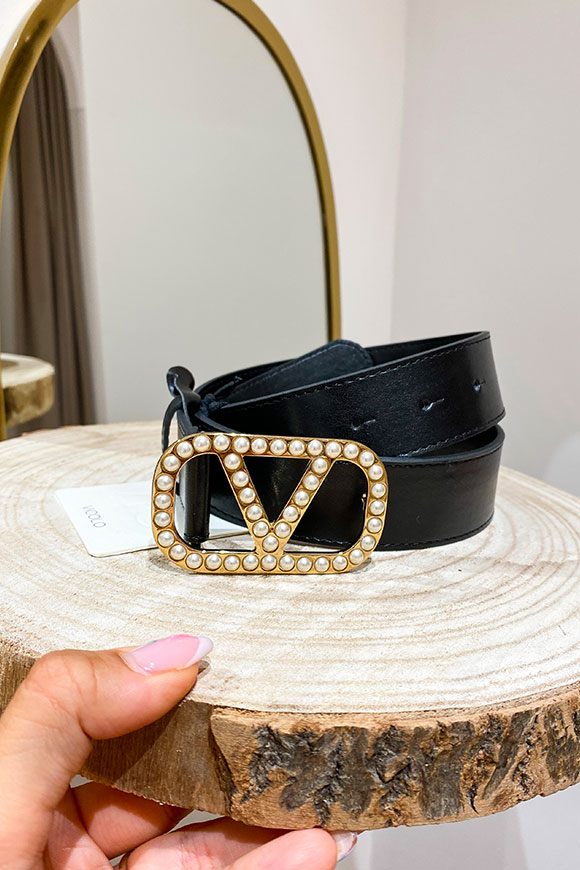 Vicolo - Cintura nera fibbia "V" con perle