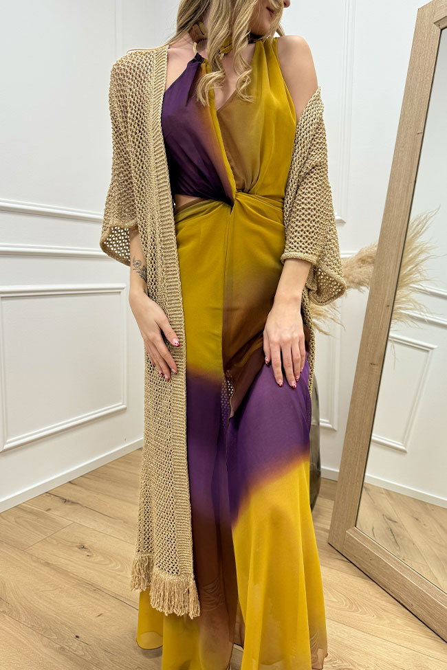 Kontatto - Cardigan filato lurex oro a kimono con frange