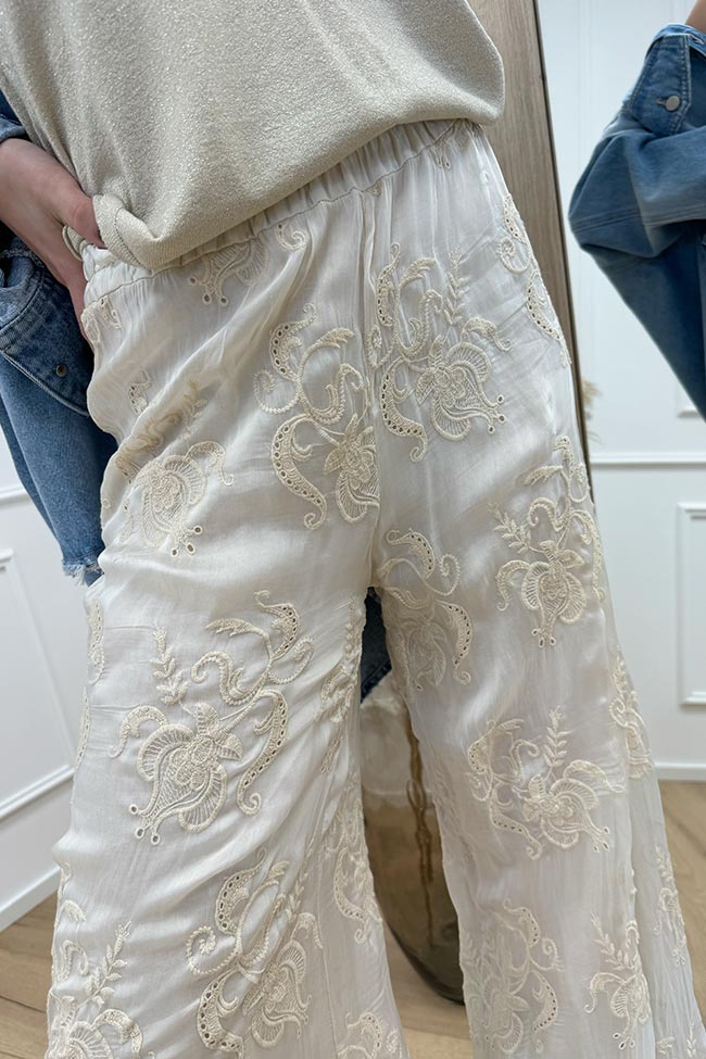 Haveone - Pantaloni naturale con ricami in misto seta