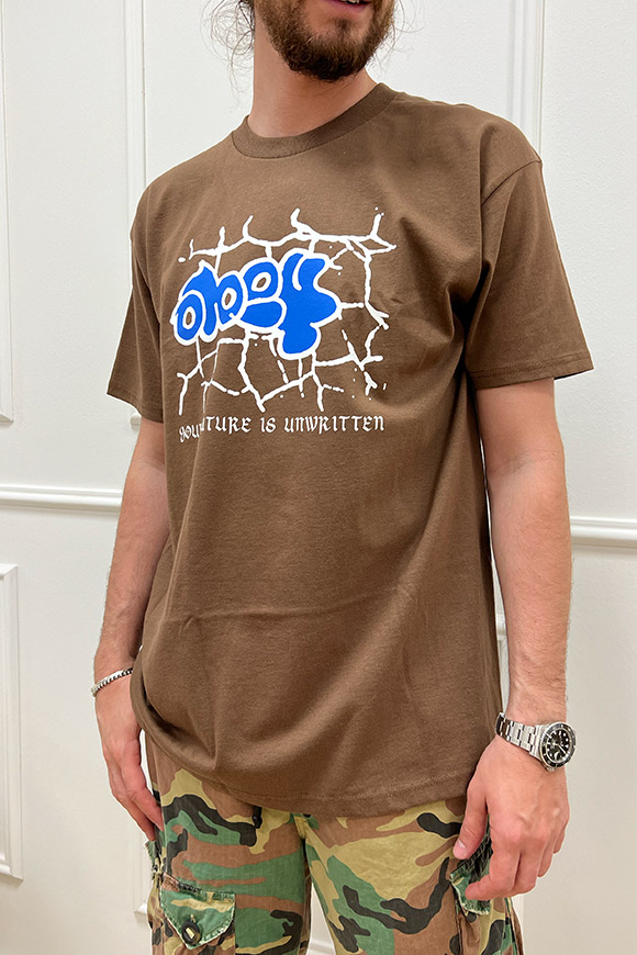 Obey - T shirt cioccolato stampa logo turchese centrale