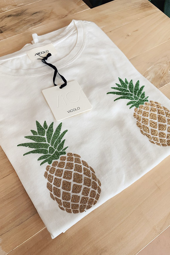 Vicolo - T shirt bianca con ananas glitter oro