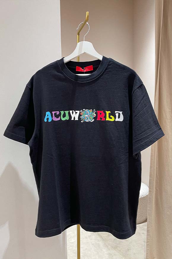 Acupuncture - T shirt nera con stampa AcuWorld multicolor