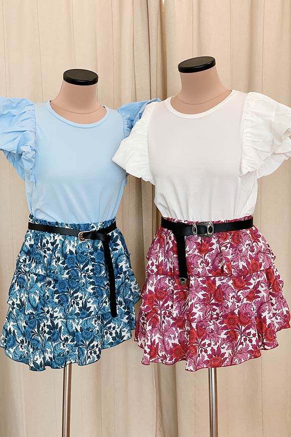 Vicolo - Irregular light blue floral skirt with flounces
