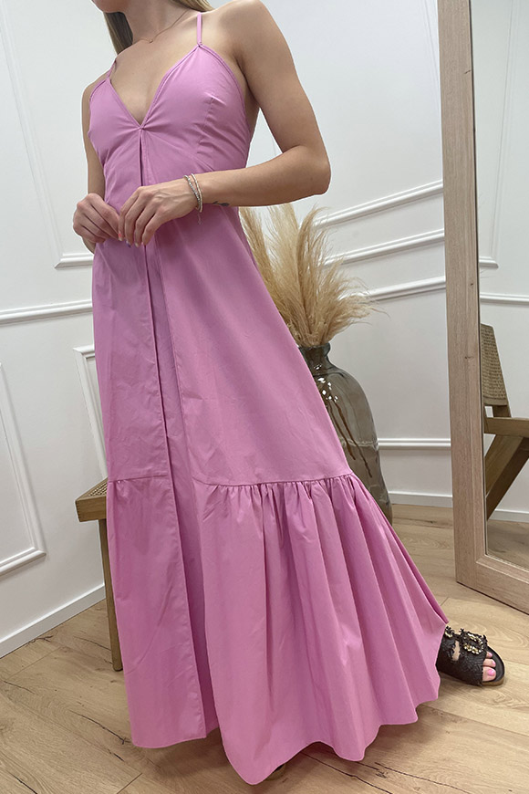Dixie - Vestito lungo rosa in cotone con balza sul fondo