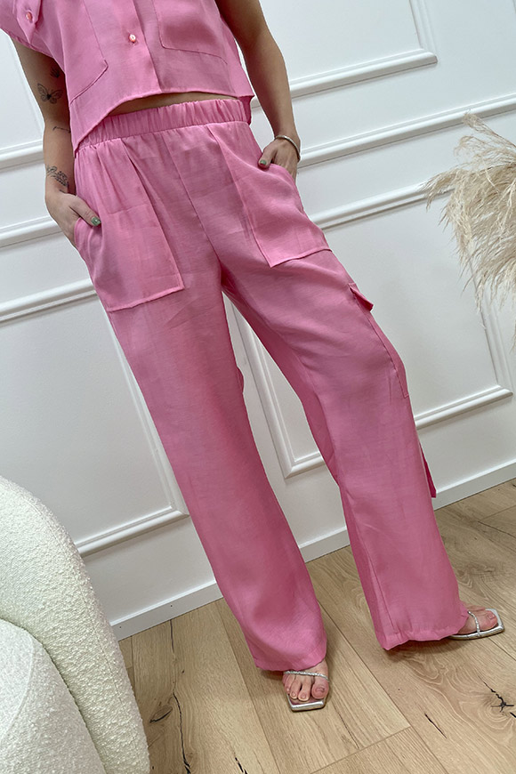 Haveone - Pantaloni rosa in misto lino con tasconi