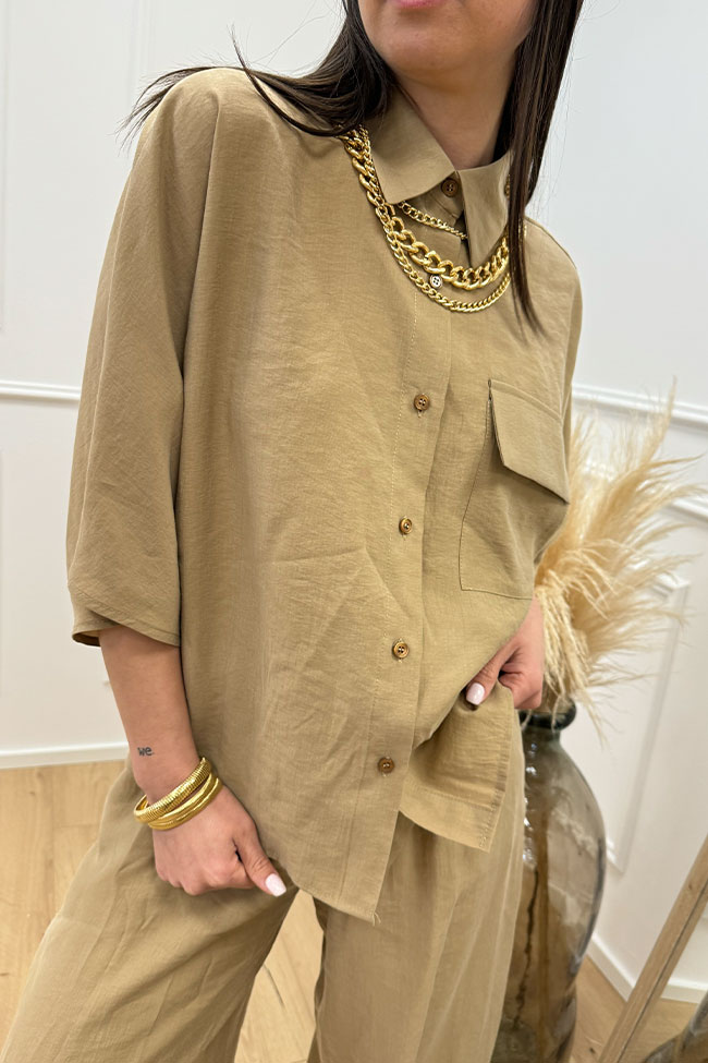 Haveone - Camicia kimono cammello con tasca