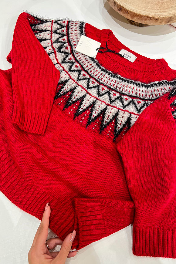 Vicolo - Red sweater with white geometric embroidery