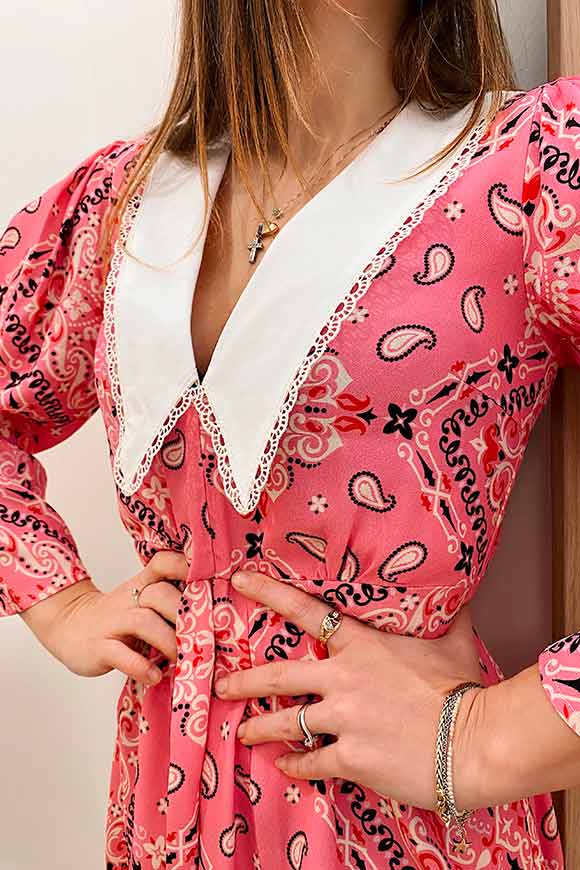 Vicolo - Vestito rosa bandana colletto in pizzo
