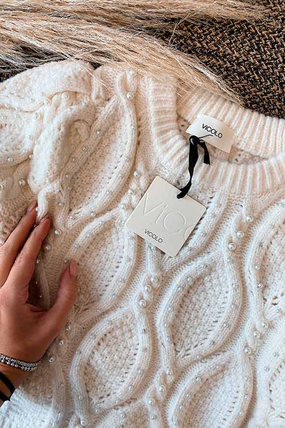 Vicolo - Maglione bianco con micro perle e manica palloncino