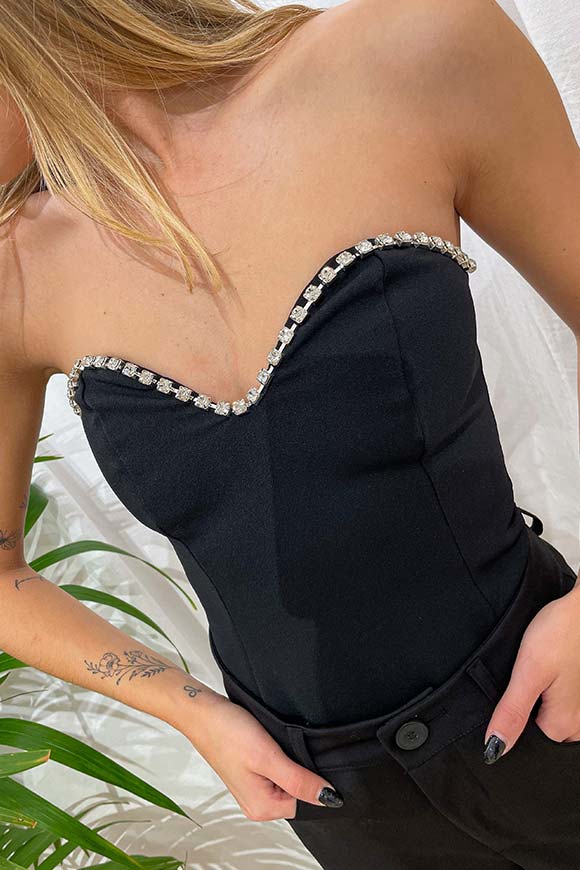 Haveone - Top nero corsetto scollo a cuore in strass