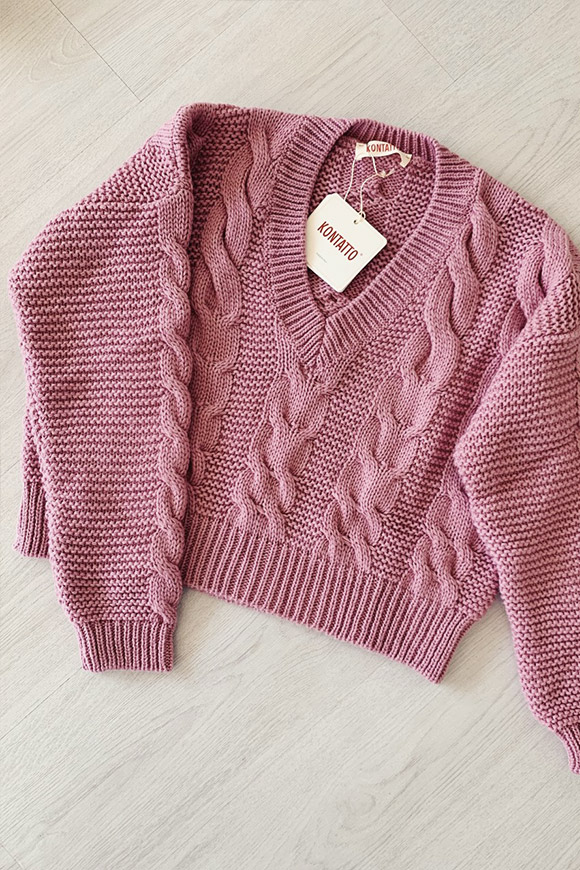 Kontatto - Mauve braids V-neck sweater