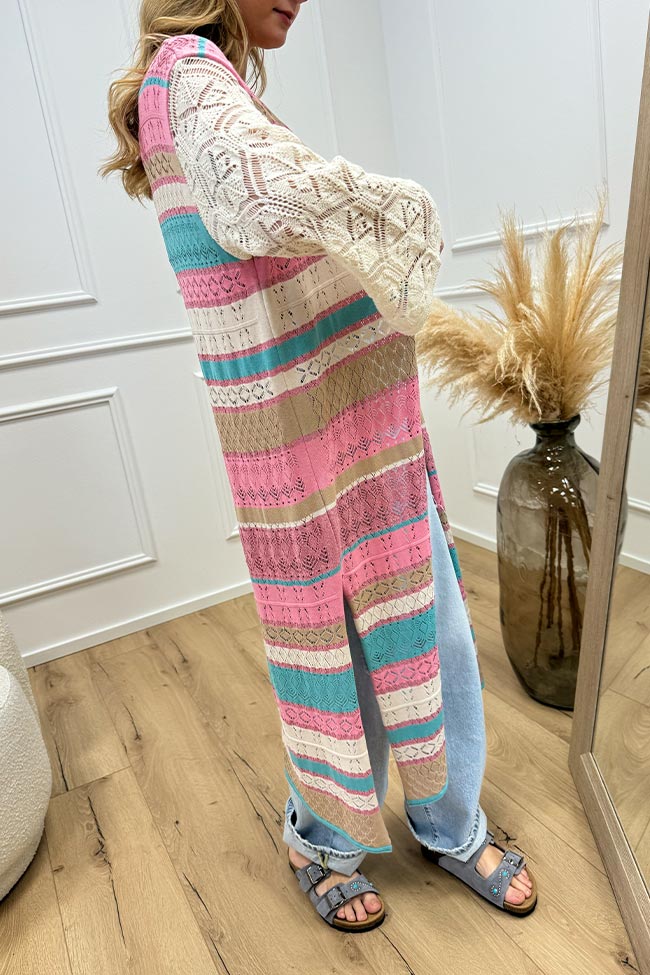 Akep - Maxi cardigan crochet righe rosa, tiffany misto lino