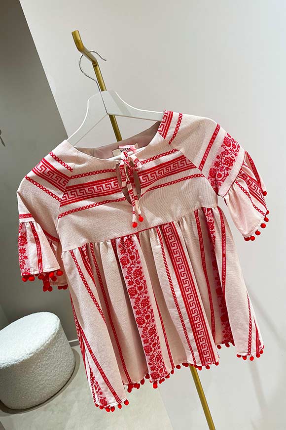 Vicolo Bambina - Vestito fantasia etnica rosso, bianco con nappine