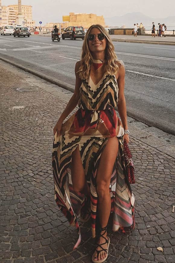 Vicolo - Long dress in ethnic pattern with double slit