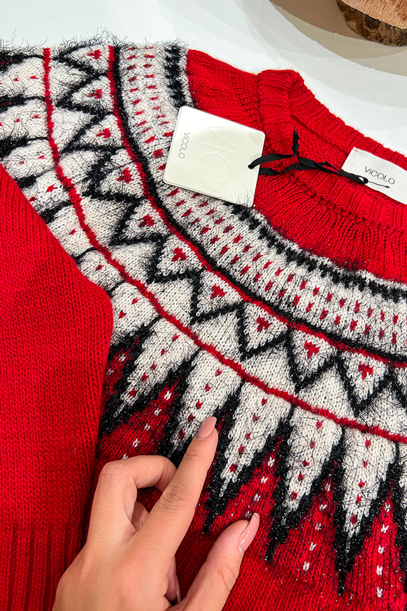 Vicolo - Red sweater with white geometric embroidery