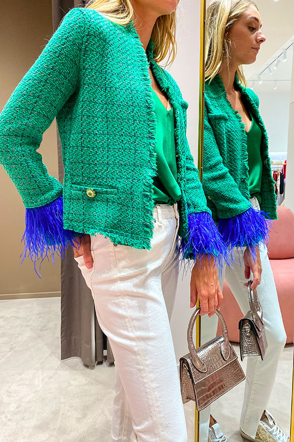 Dixie - Green tweed jacket with contrasting blue feathers