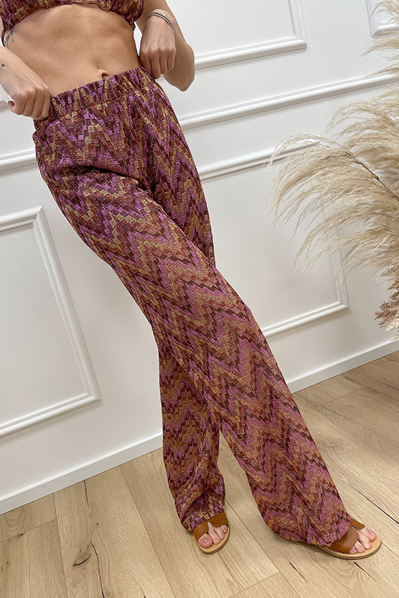 Haveone - Pantaloni in lurex viola, cioccolato e oro