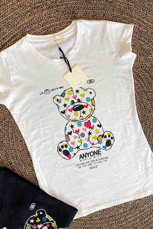 Vicolo - T shirt bianca stampa orsetto multicolor
