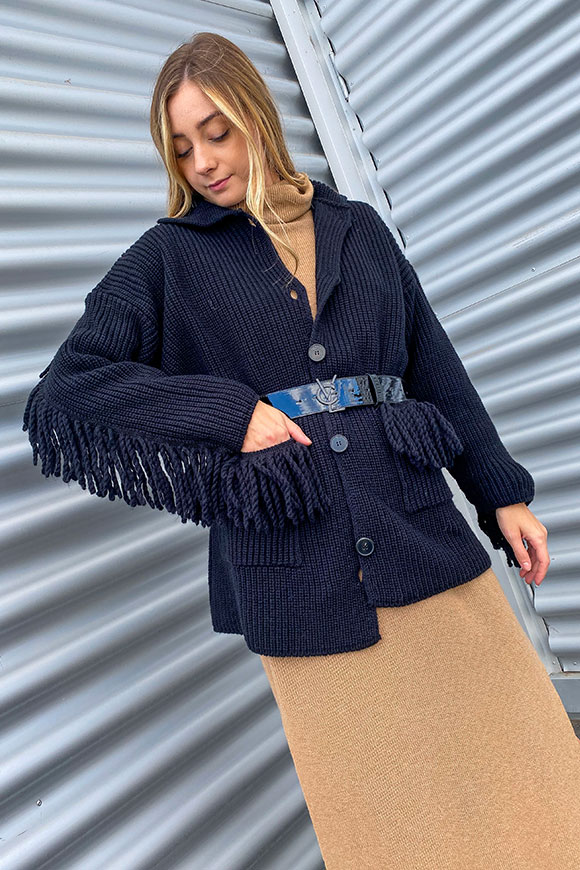 Vicolo - Black ribbed cardigan with fringes and buttons