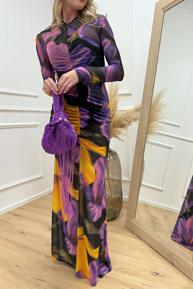 Actualee - Vestito velato multicolor acquarello con arricci