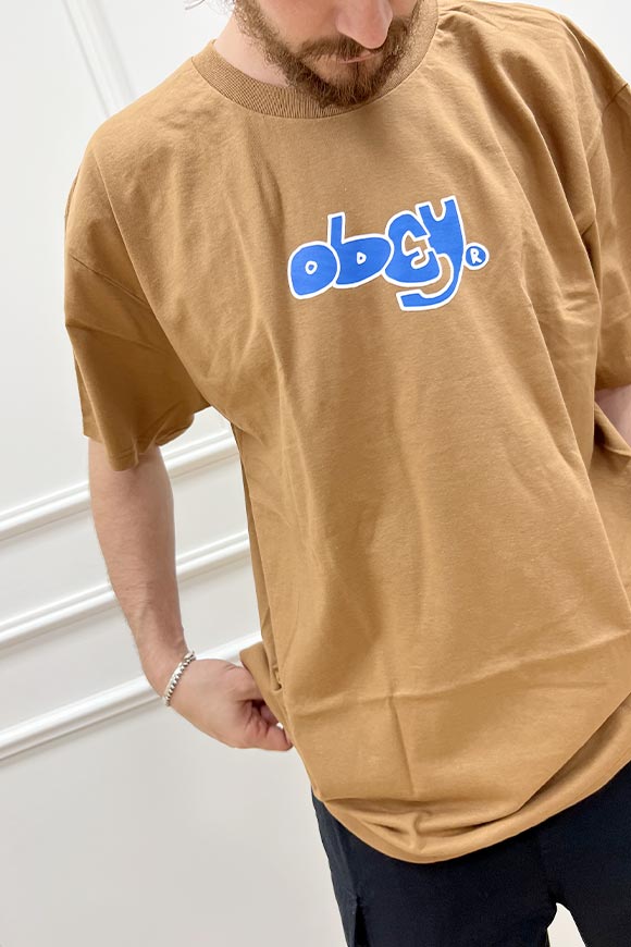 Obey - T shirt caramello stampa logo azzurro centrale